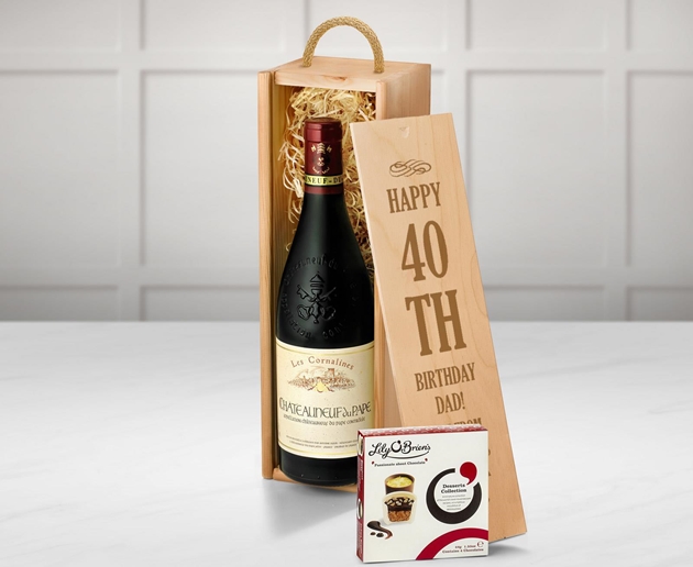 Birthday Châteauneuf-du-Pape Red Wine & Chocolates Gift Box With Engraved Personalised Lid